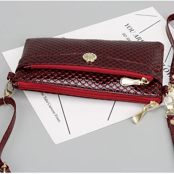 2/$30 Red Snake Skin Embossed Crossbody Bag Zipper Wristlet Clutch Phone Bag - Picture 7 of 10